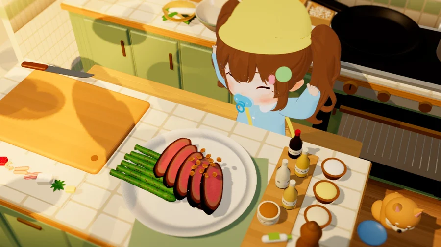 箱庭のキッチンで、焼いたステーキを前に喜ぶかし子