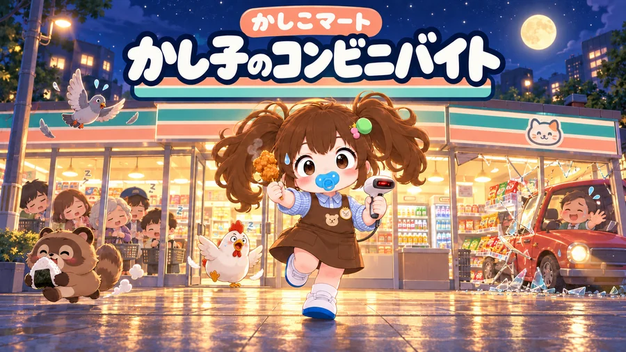 夜のかしこマートの前で、からあげとスキャナーを持って走るかし子。車が突っ込み、たぬきやニワトリが逃げまわる