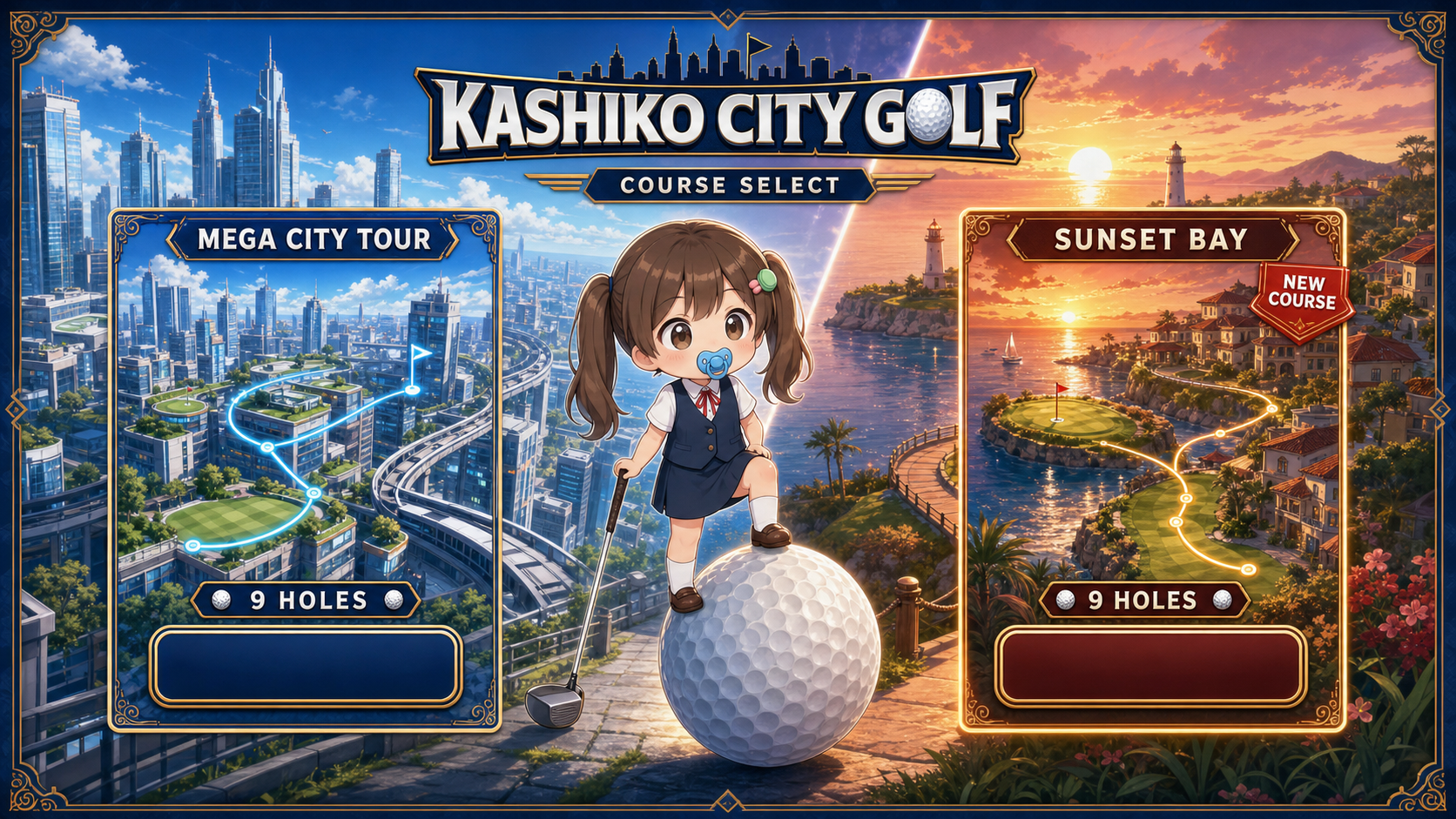 かし子と、街のメガシティツアー、海辺のサンセットベイを描いたコース選択画面