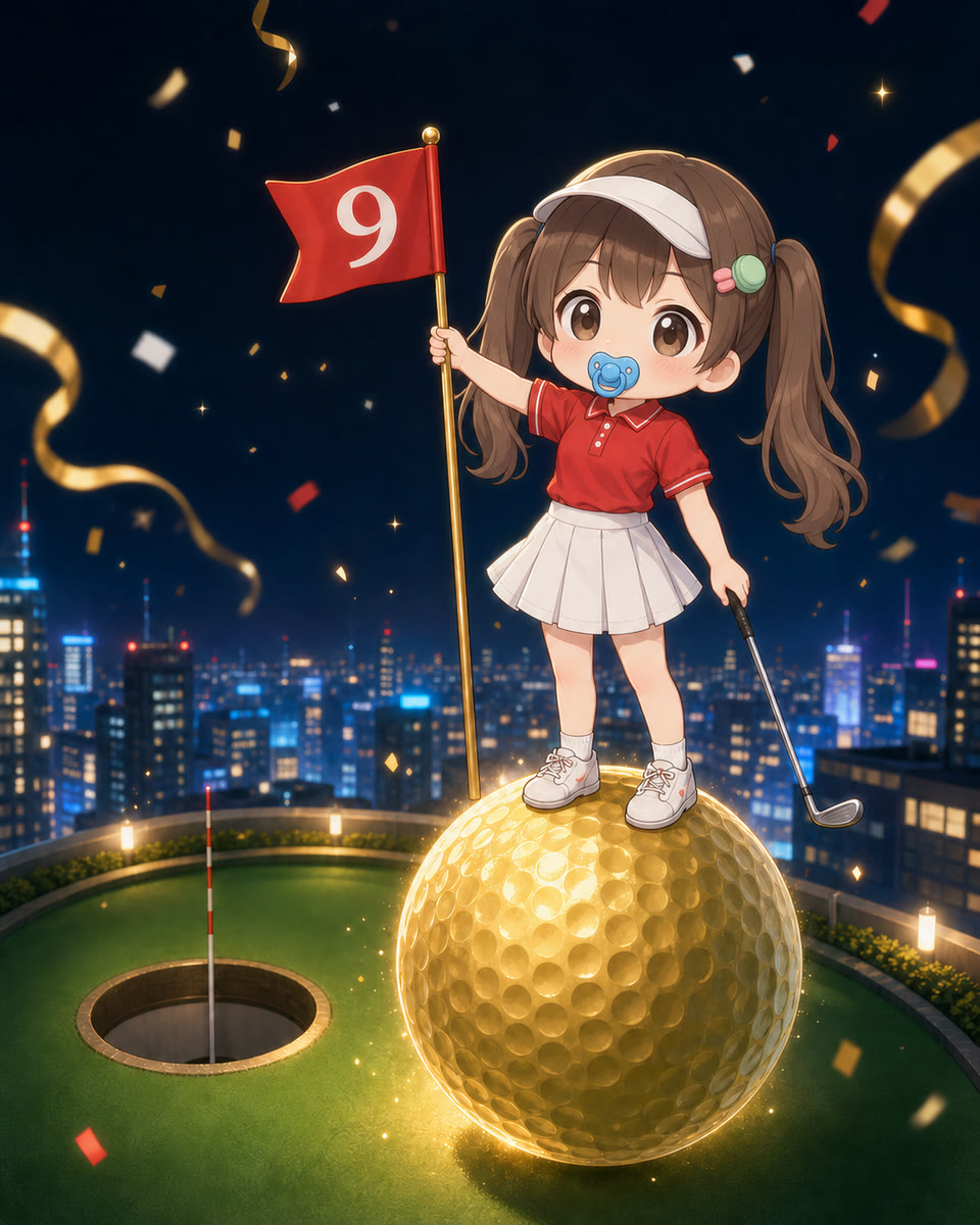 金色のゴルフボールの上で9番フラッグを掲げる、赤いゴルフウェアのかし子